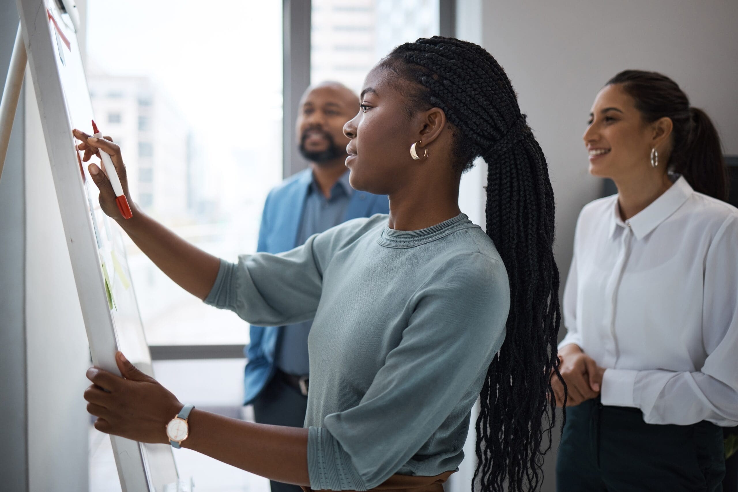 Black,Woman,,Business,Writing,And,Office,Whiteboard,For,Company,Planning